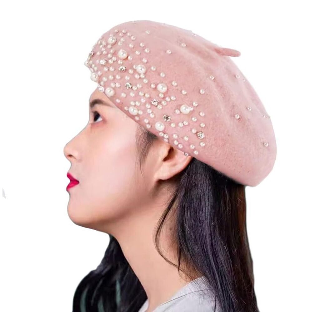 5694 Women Girls Beaded Pearl Rhinestone Wool French Beret Hat Winter Artist